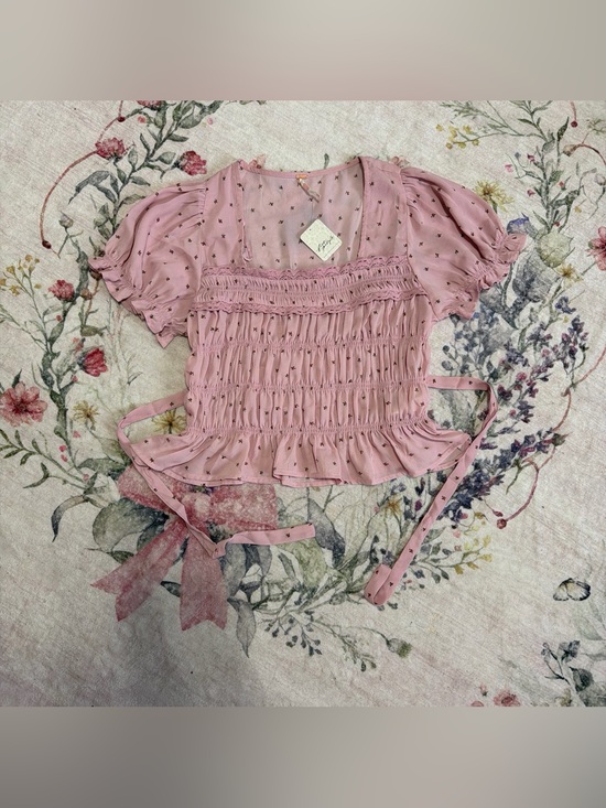 Free People Tops - Free People Dusty Pink Smocked Puff Sleeve Tie-Waist Blouse